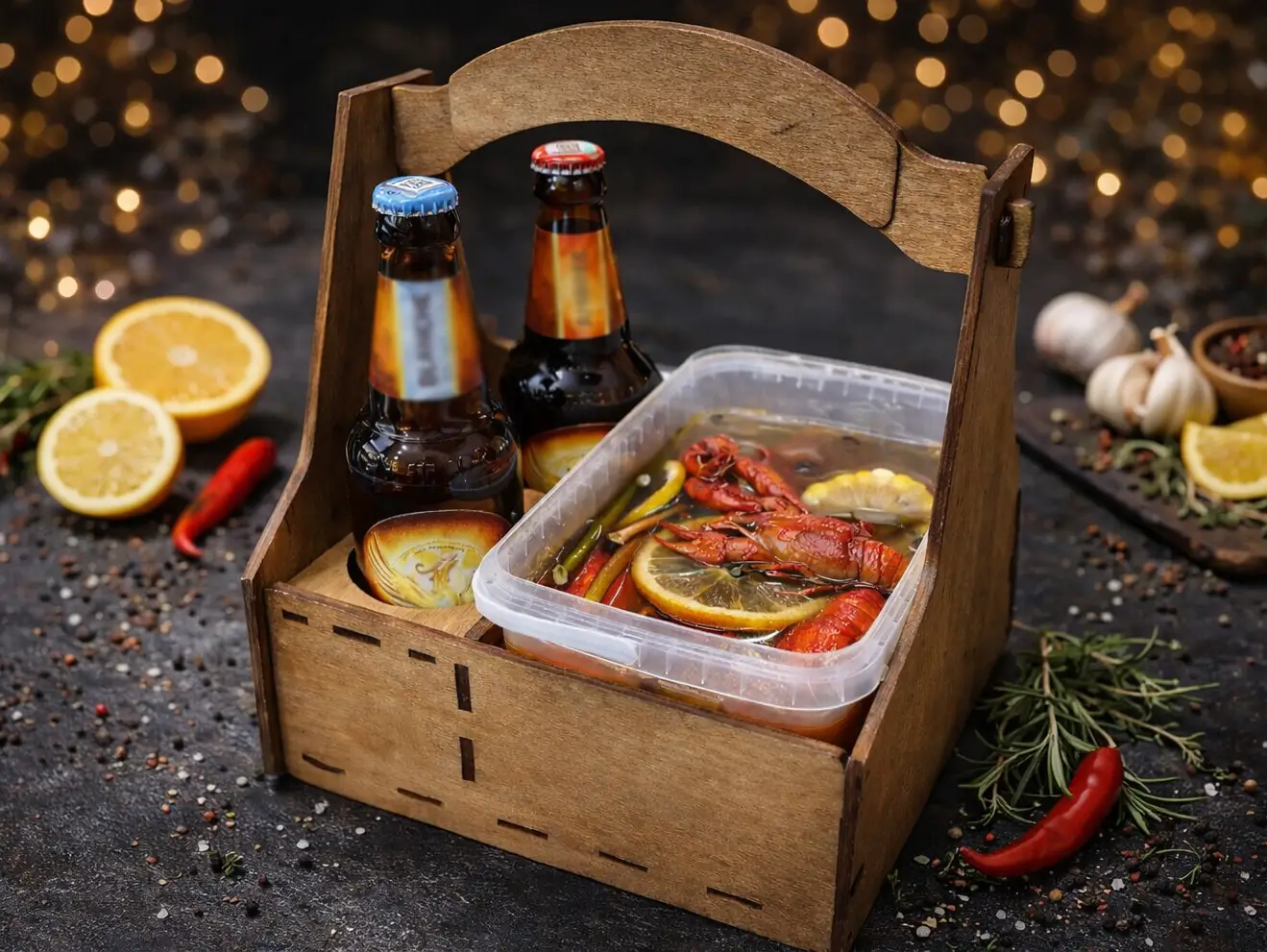 Деревянный бокс с раками 1 кг M + 2 бутылки